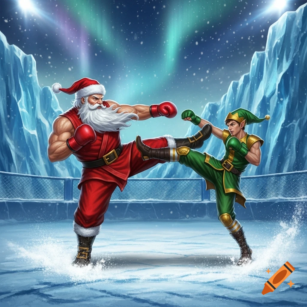 Muscular Santa Claus and an elf in a cartoon MMA fight on ice with aurora borealis.