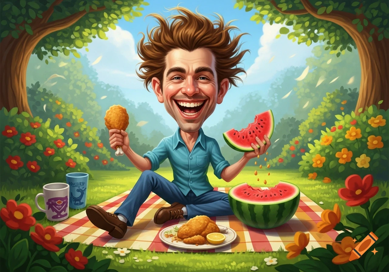 A smiling, exaggerated caricature of a man with wild hair sits on a picnic blanket, holding fried chicken and a watermelon slice in a lush park setting.