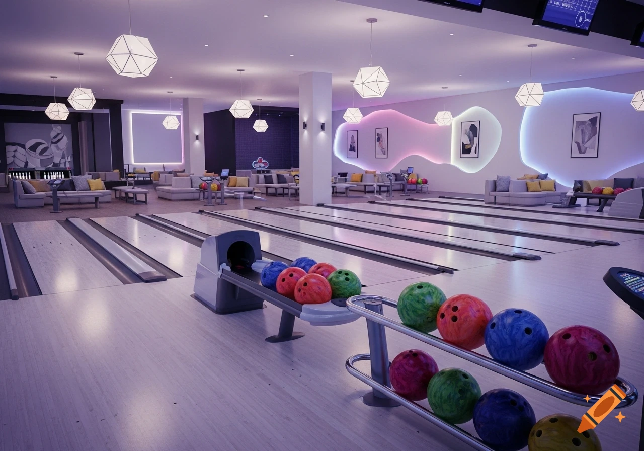 An aesthetic, modern bowling alley with multiple lanes, colorful bowling balls, lounge seating, and neon-lit walls.