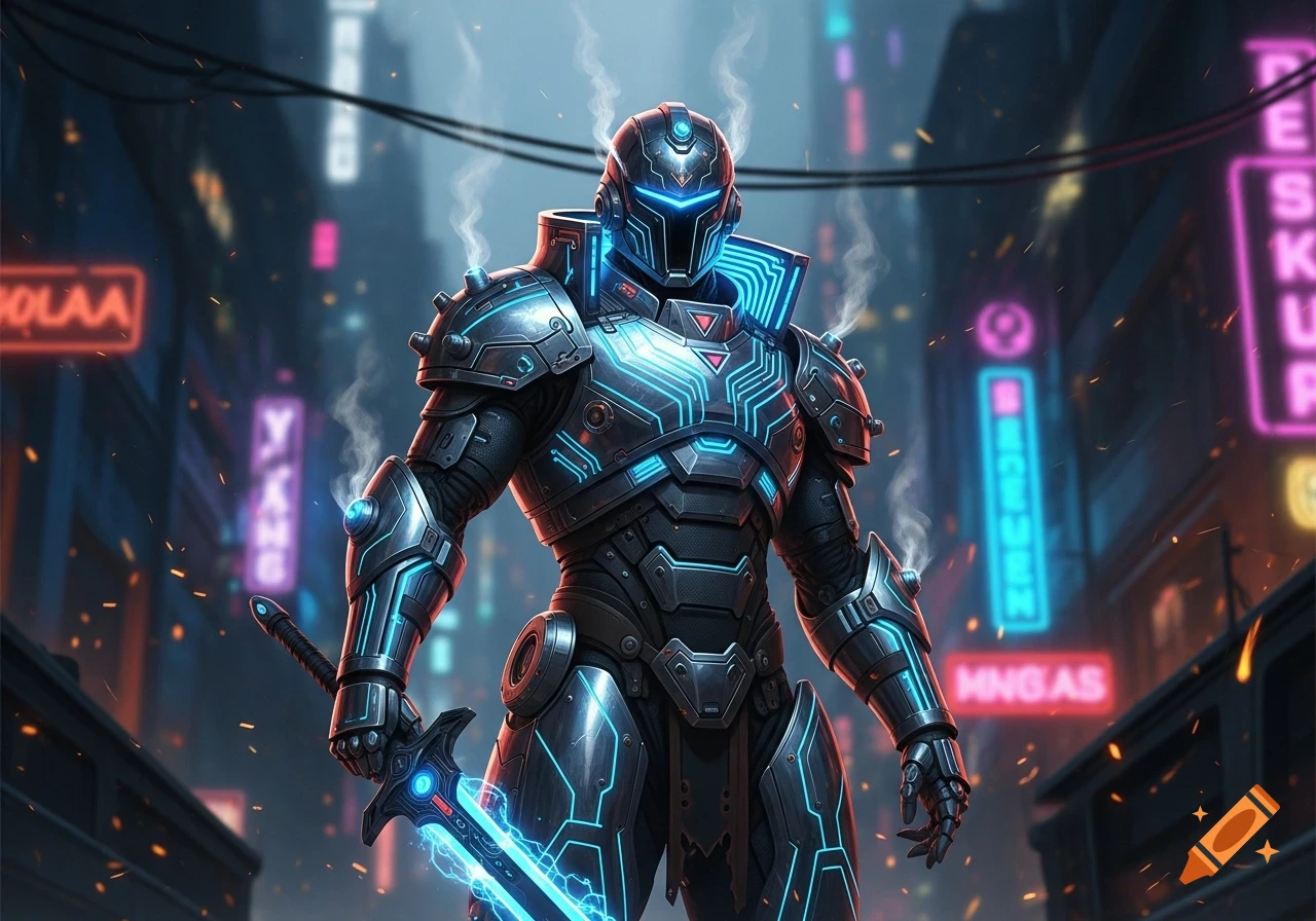 A cyberpunk knight in detailed armor with glowing blue accents holds an energy sword in a neon-lit city street.