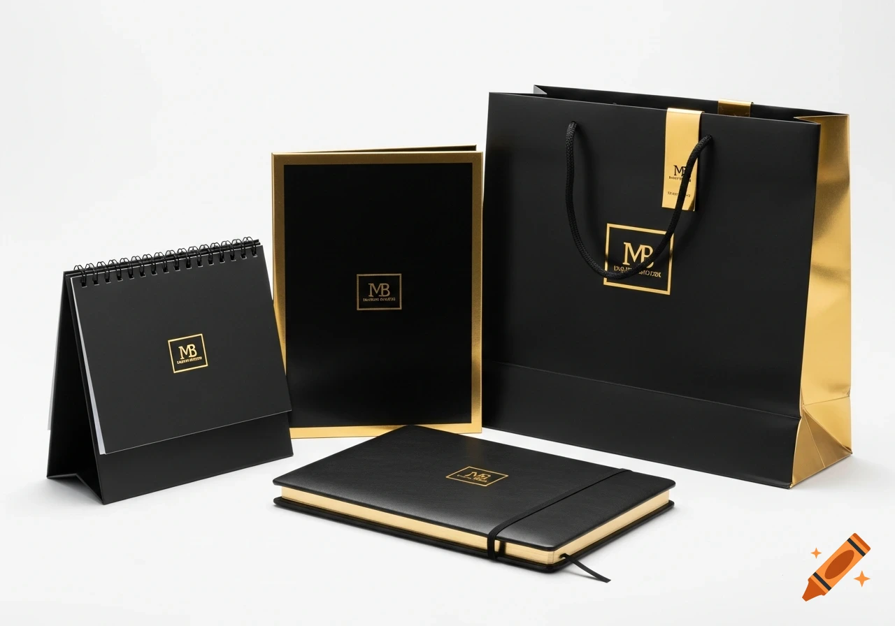 A luxurious black and gold gift set for premium branding, including a shopping bag, a box, a desk calendar, and a notebook.