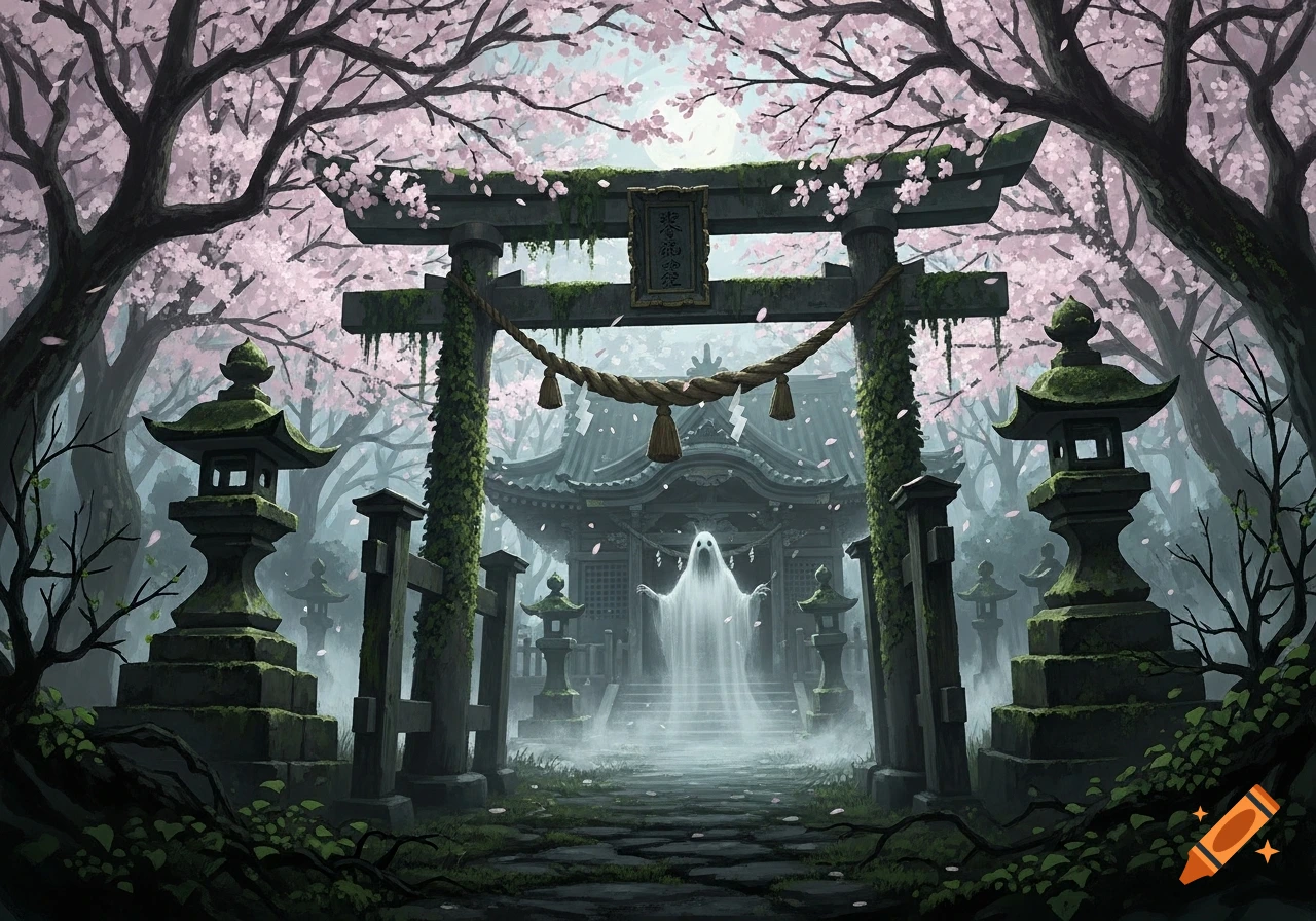 A white ghost stands on misty steps behind a moss-covered Japanese torii gate under pink cherry blossoms in a dark fantasy forest.