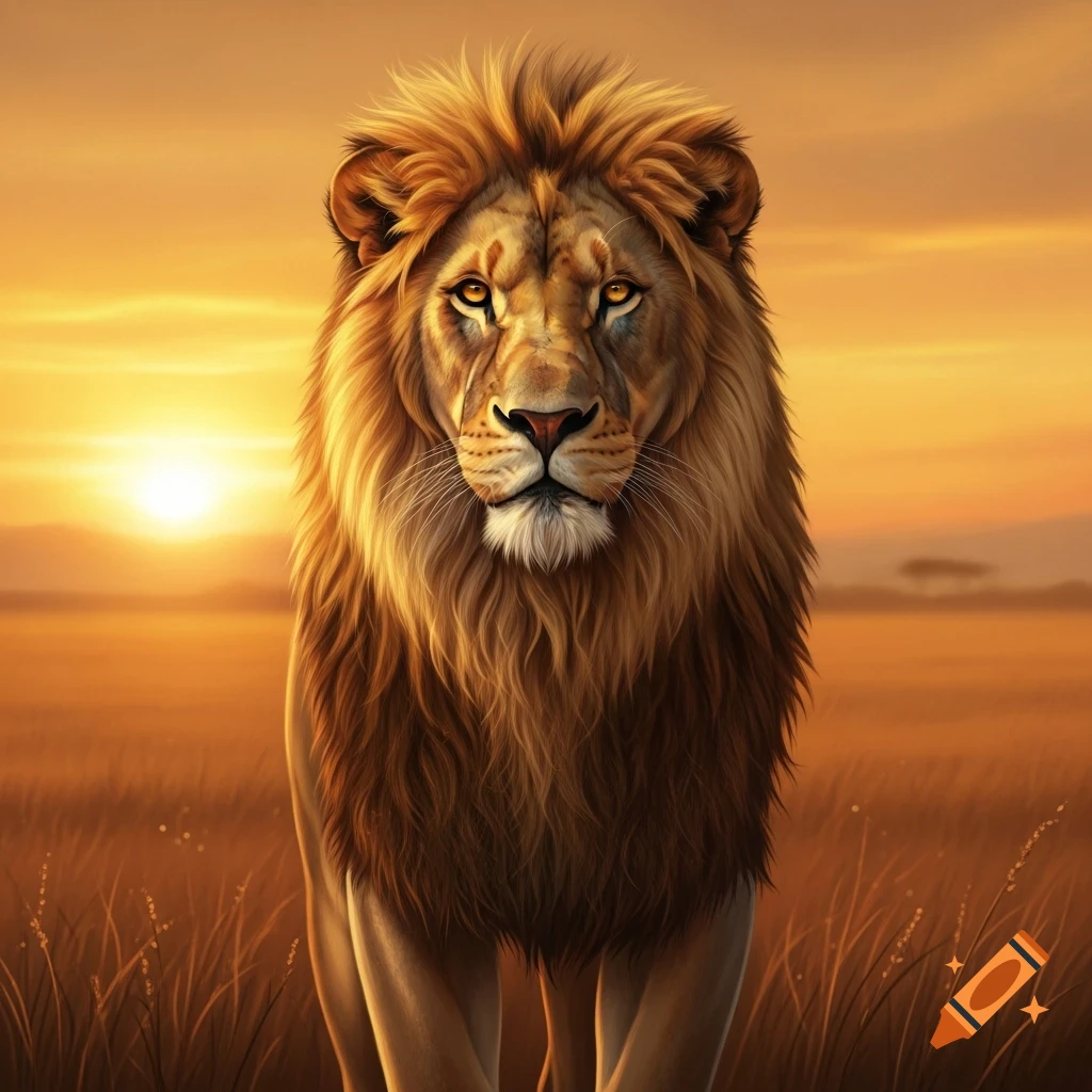 A majestic lion stands facing forward in a savanna field against a golden sunset.
