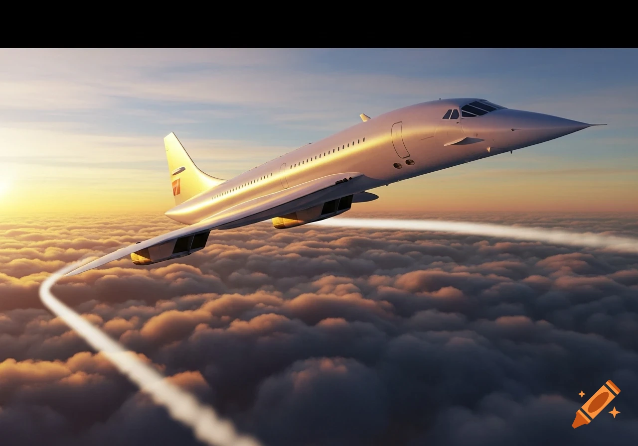 Photorealistic Concorde-like airplane flying above clouds at sunset, leaving white contrails.