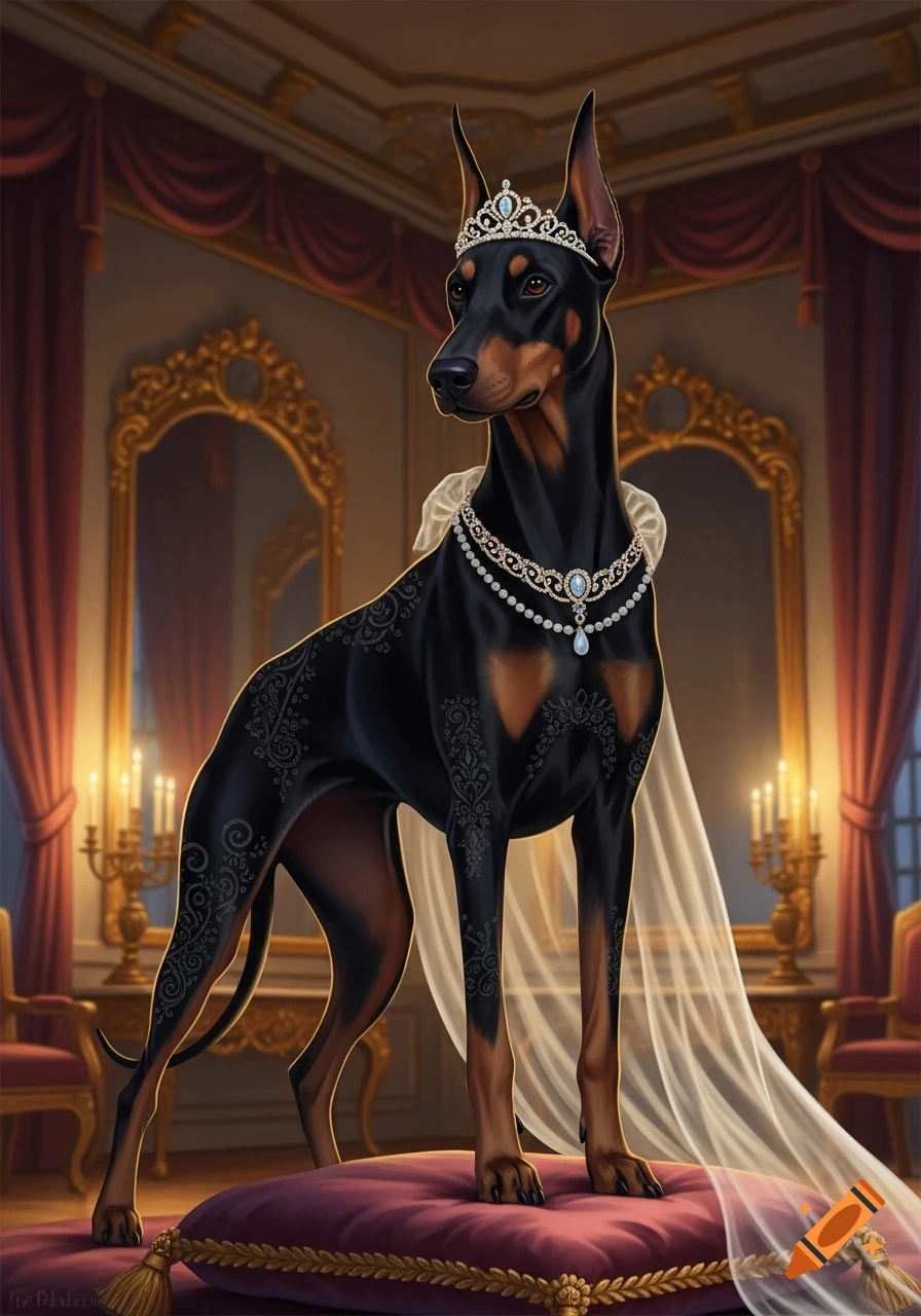 A black and tan Doberman dog dressed as a princess, wearing a crown and pearl necklace, standing on a velvet cushion in a lavish room.