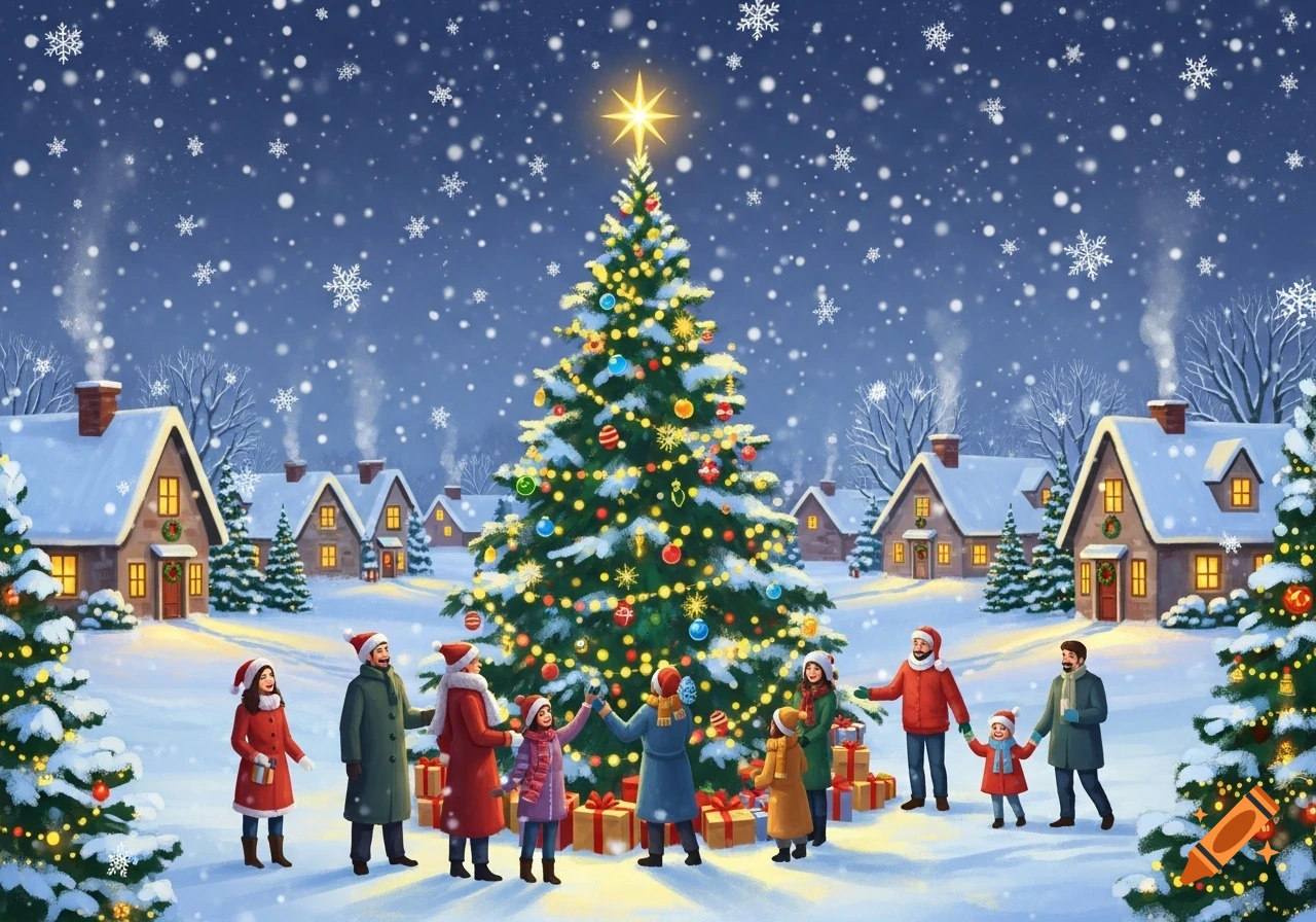Families celebrate around a large, decorated Christmas tree in a snowy village at night with glowing houses and falling snowflakes.
