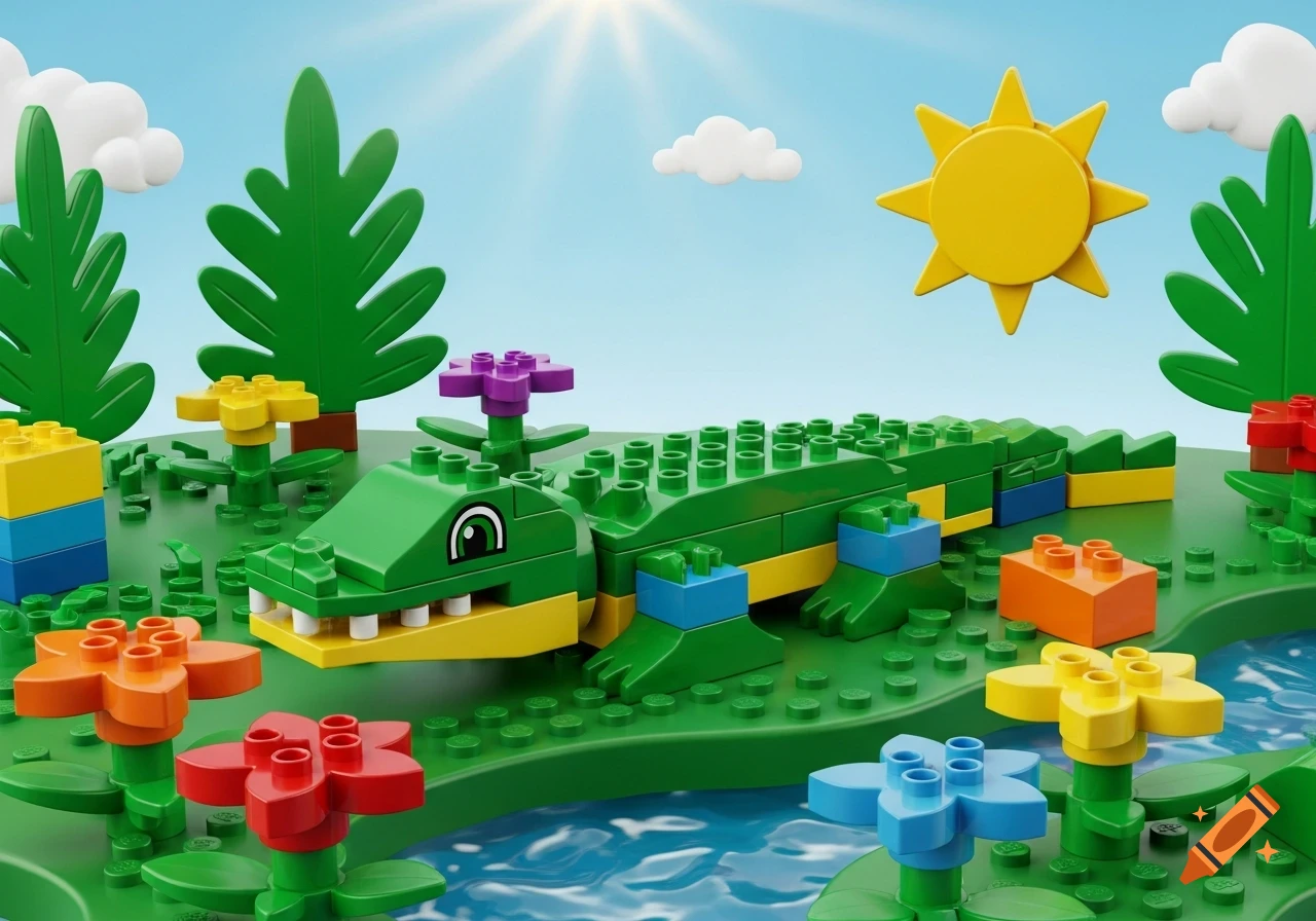 A green Lego Duplo alligator in a colorful toy landscape with flowers, water, and a bright yellow sun.