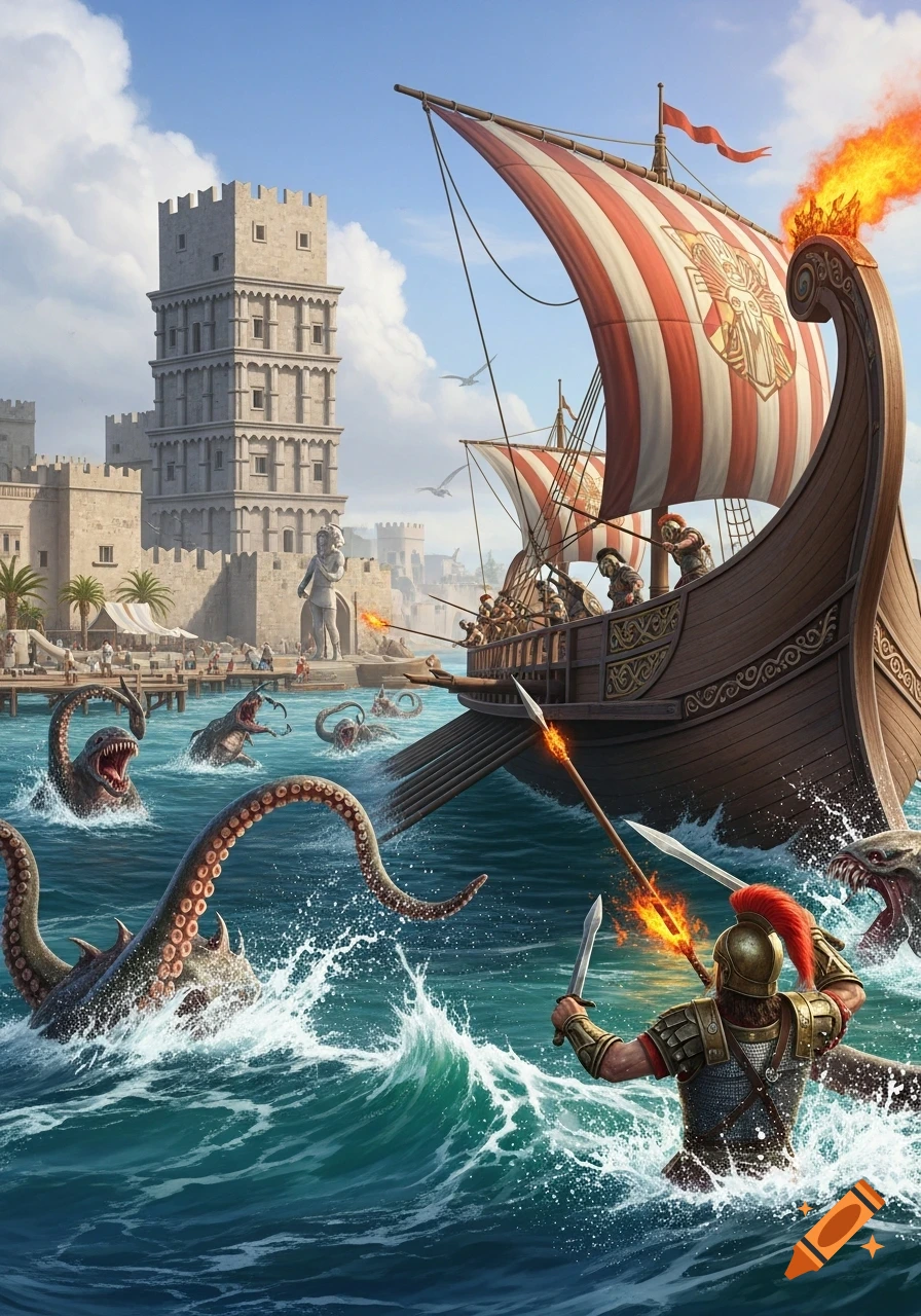 An ancient Roman galley ship and soldiers battling giant sea monsters in the harbor of a fortified city with a colossal statue.