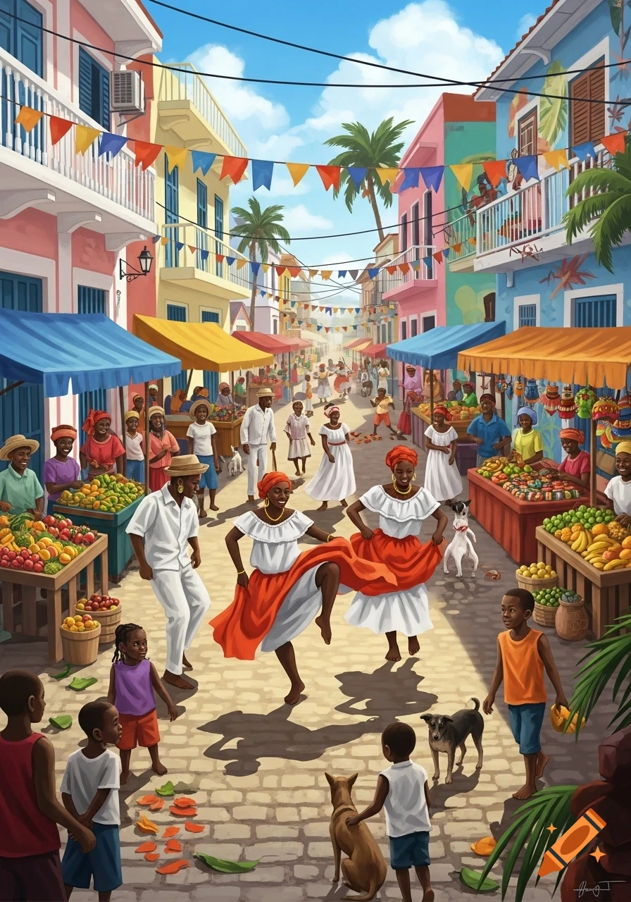 A vibrant, colorful street market scene in a Caribbean town with people dancing, selling fruits, and children playing under festive banners.