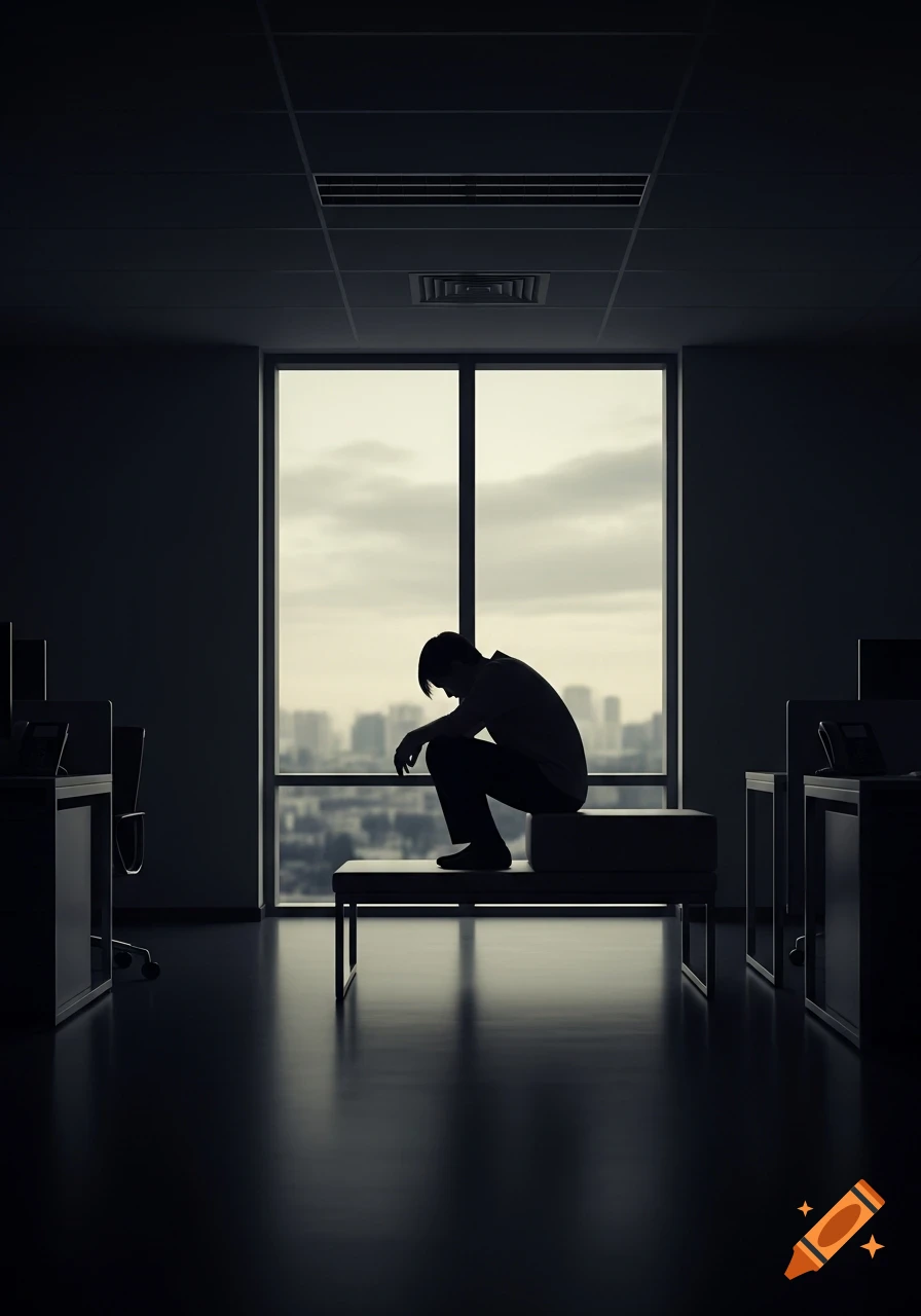 Silhouette of a lone person sitting on a bench in a dark, minimalist office, looking out at a city skyline.
