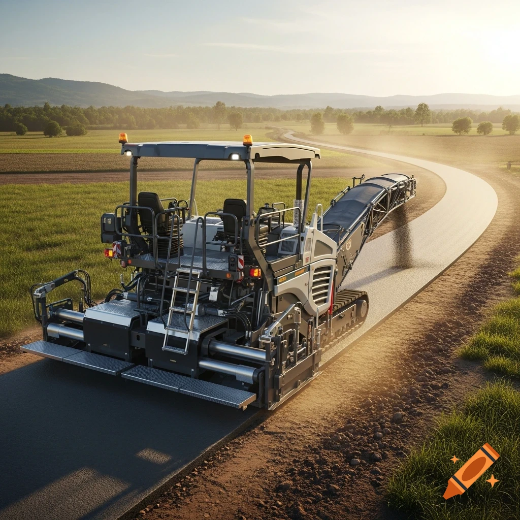A photorealistic road paver lays asphalt on a winding road through a green field at sunset.