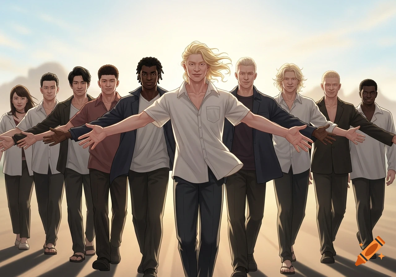 A diverse group of people, with various skin tones and hair colors, including some with blond hair, walk forward with outstretched arms, against a bright sky.