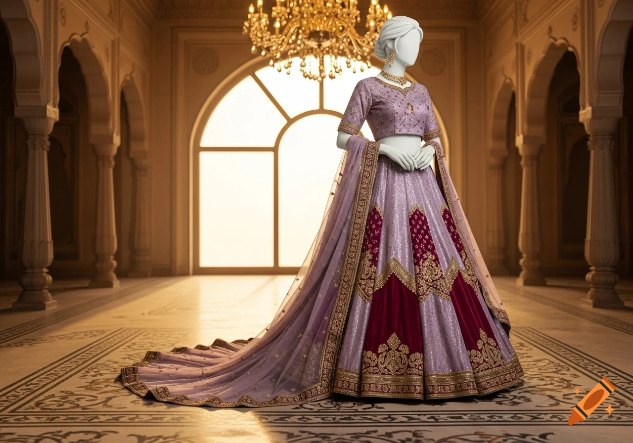 A mannequin wears an elaborate lavender and dark pink lehenga with gold accents in an ornate, arch-filled room.