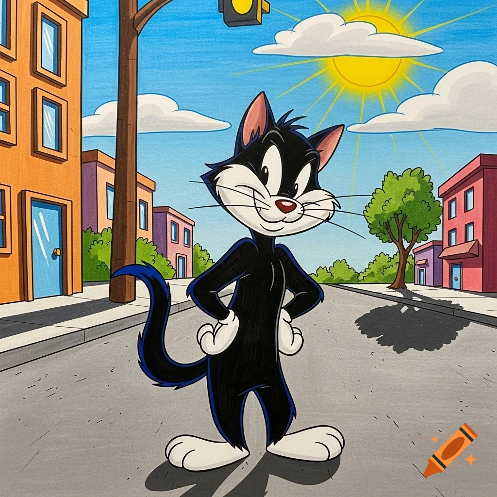 A proud black and white cartoon cat stands on a city street under a sunny sky in a Looney Tunes style.
