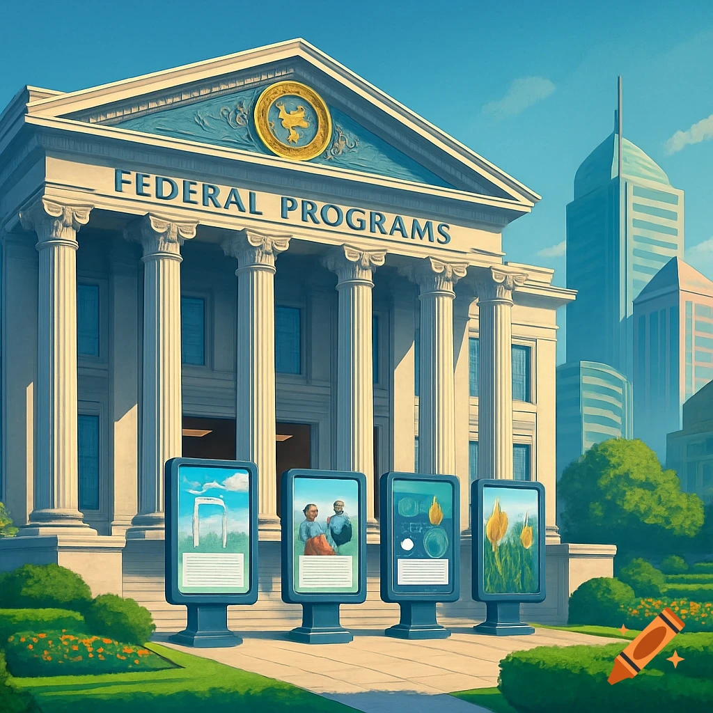 A classical government building with 'FEDERAL PROGRAMS' text, four digital kiosks on a lawn, and city skyline.