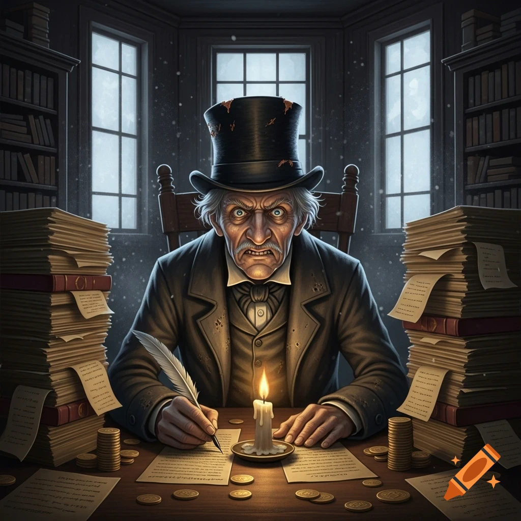 An angry, scowling Ebenezer Scrooge in a top hat, writing by candlelight at a desk piled with papers and coins in a gloomy room.