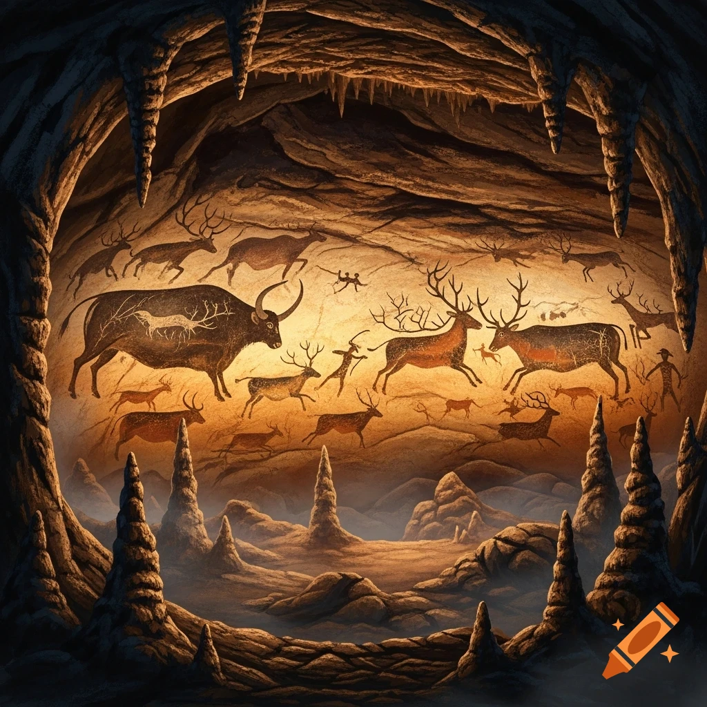 View from inside a dark cave looking at illuminated cave paintings of bison, deer, and human figures on a rock wall, with stalagmites in the foreground.