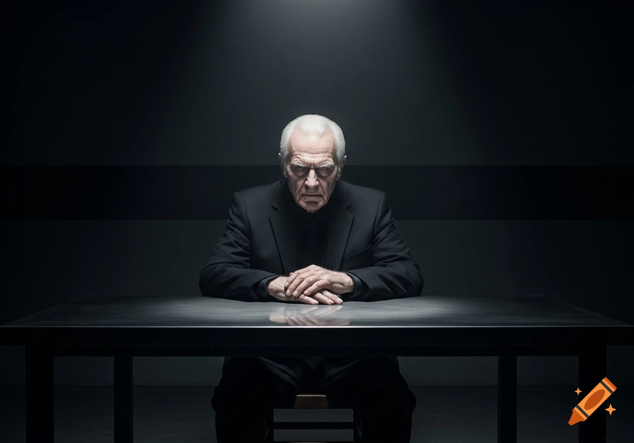 A stern, white-haired old man in a black suit sits at a metal table under a spotlight in a dark, intense room.