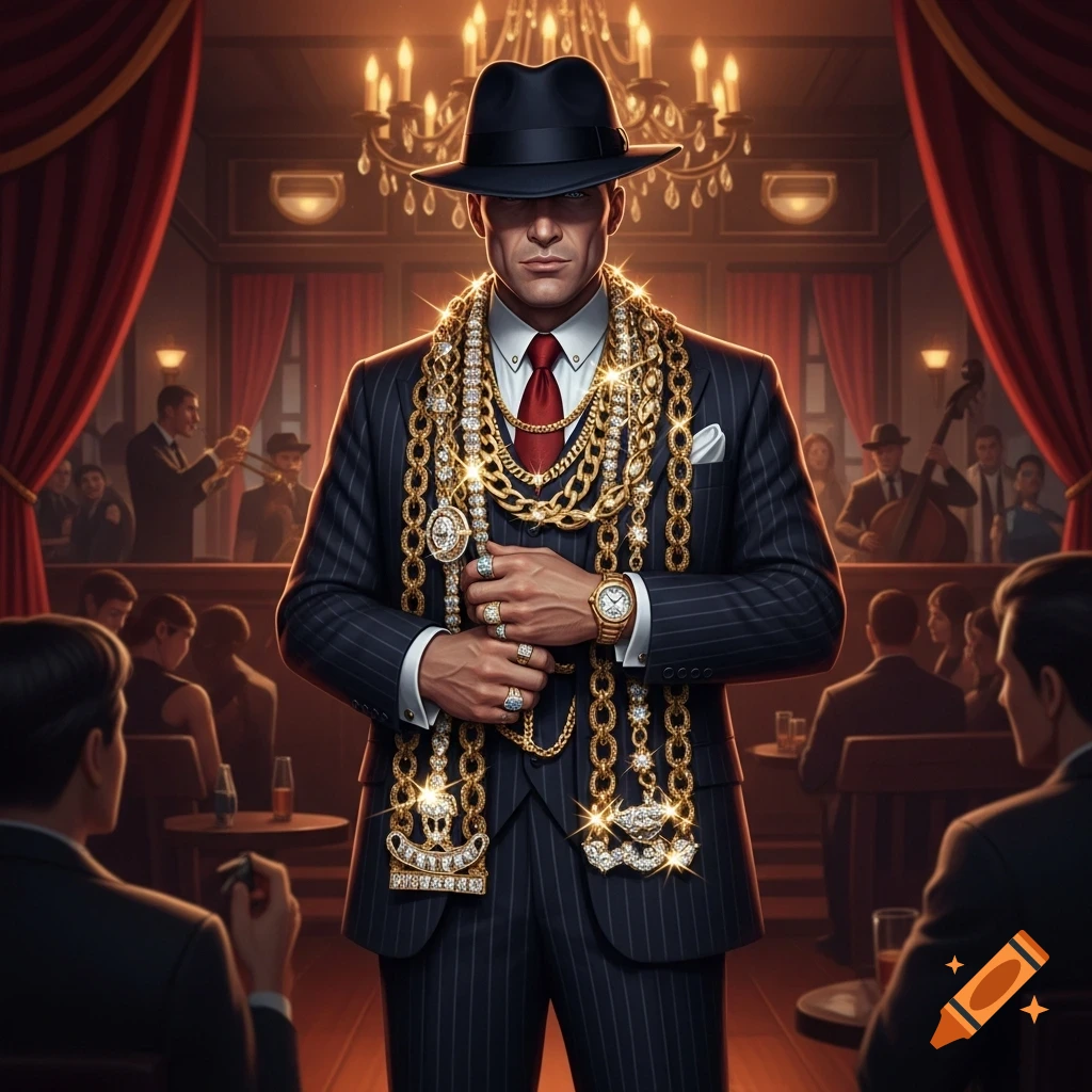 A stylish man in a suit and fedora, adorned with numerous gold chains and rings, stands in a dimly lit, luxurious club.
