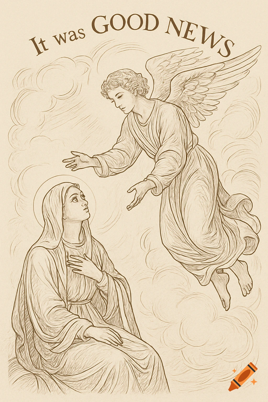 A line drawing of Mary looking up at an angel stretching hands towards her, with the caption 'It was GOOD NEWS'.