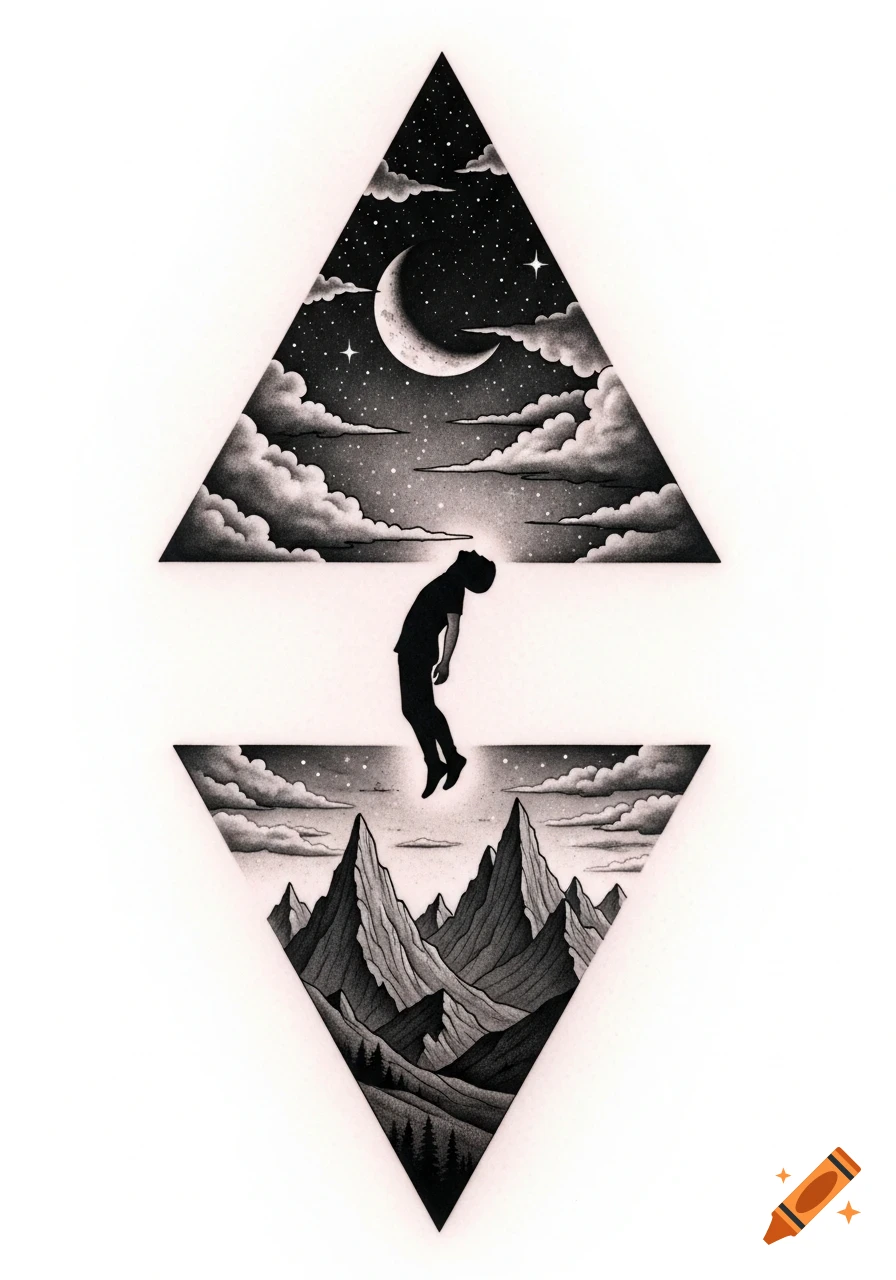 Black and white stylized illustration of a silhouetted figure floating between a triangle with a starry night sky and moon, and a triangle with mountains.