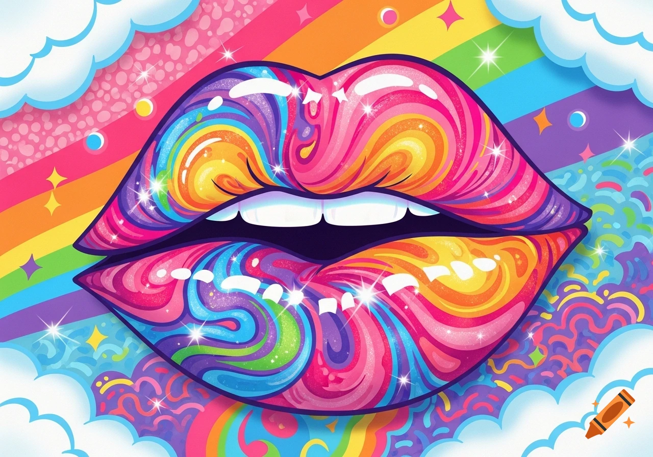 Vibrant, glittery lips with a rainbow swirl pattern, set against a colorful background with clouds and stars in Lisa Frank style.