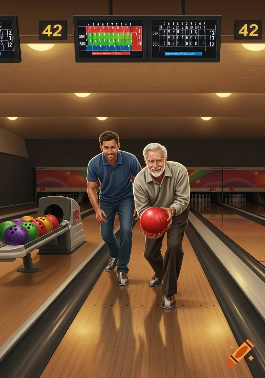A smiling older man and a younger man bowl in an alley, with the older man holding a red bowling ball ready to throw.