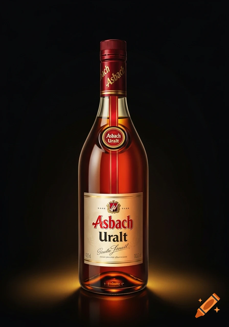 A photorealistic image of an Asbach Uralt brandy bottle with a rich brown liquid, featuring red and gold labels, set against a dark black background with a glowing amber reflection.
