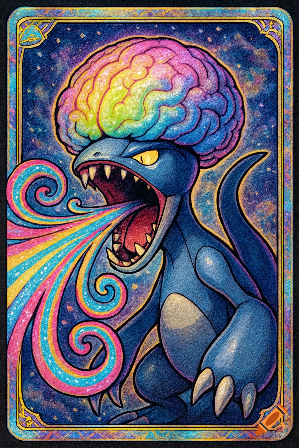 A blue dragon-like creature with a rainbow brain roaring and breathing colorful energy, styled as a vibrant Pokemon card.