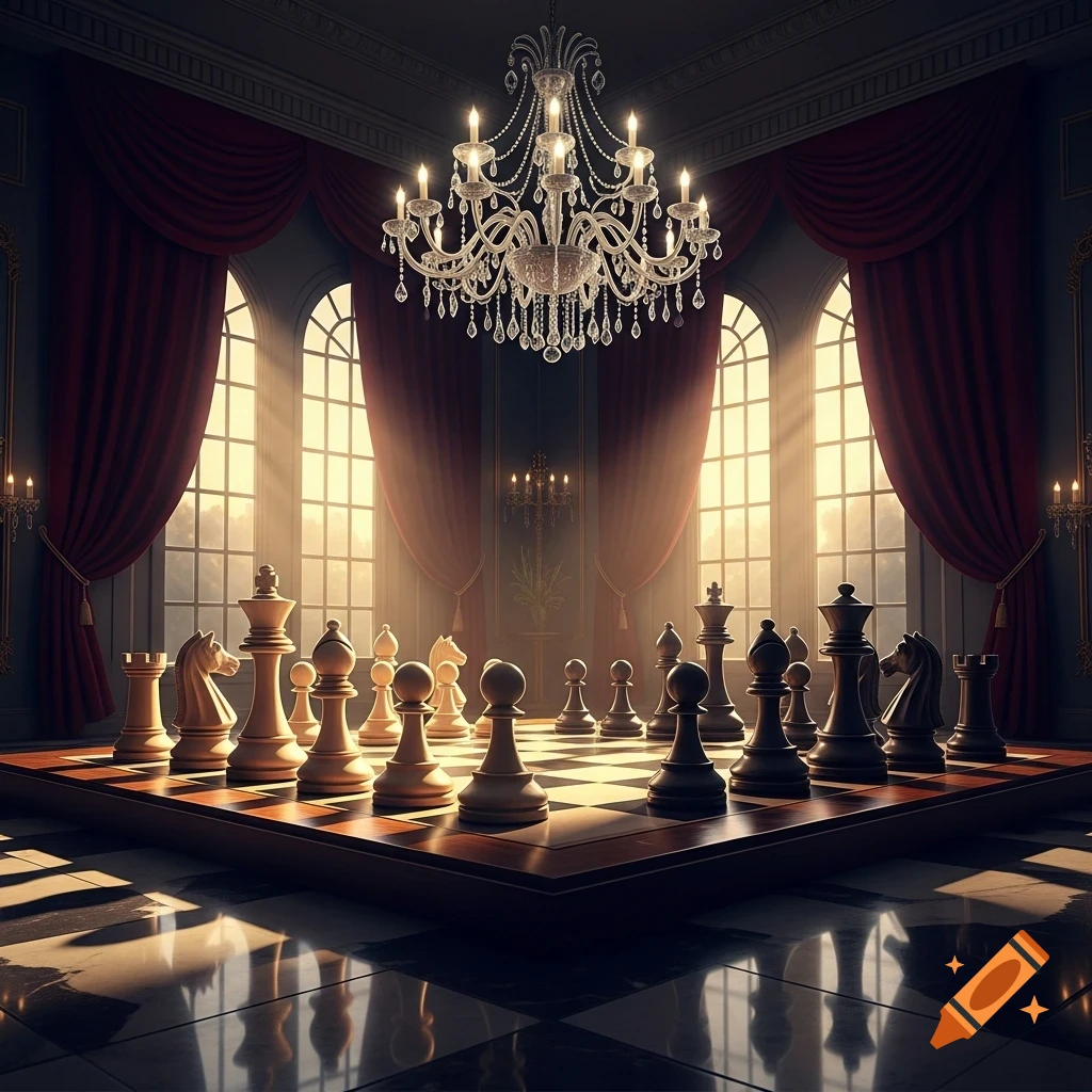 A luxurious room with a large chess set on a raised board in the center, bathed in golden light from tall arched windows and a grand chandelier.