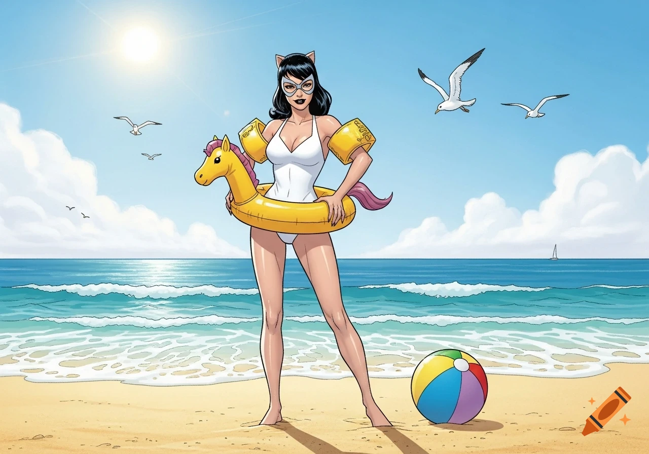 Catwoman in a white swimsuit with yellow arm floaties and an inflatable unicorn swim ring on a sunny beach, comic art style.