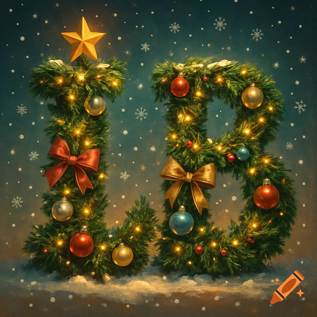 The letters LB formed from festive evergreen garland, decorated with glowing lights, red and gold bows, and ornaments, standing in snow with falling snowflakes.