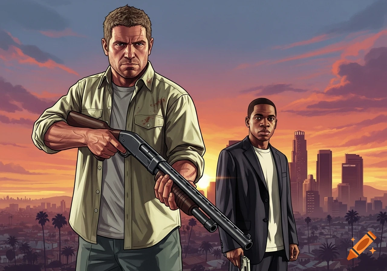 Stylized art of Trevor holding a shotgun and Franklin holding a pistol, against a Los Santos city skyline at sunset.