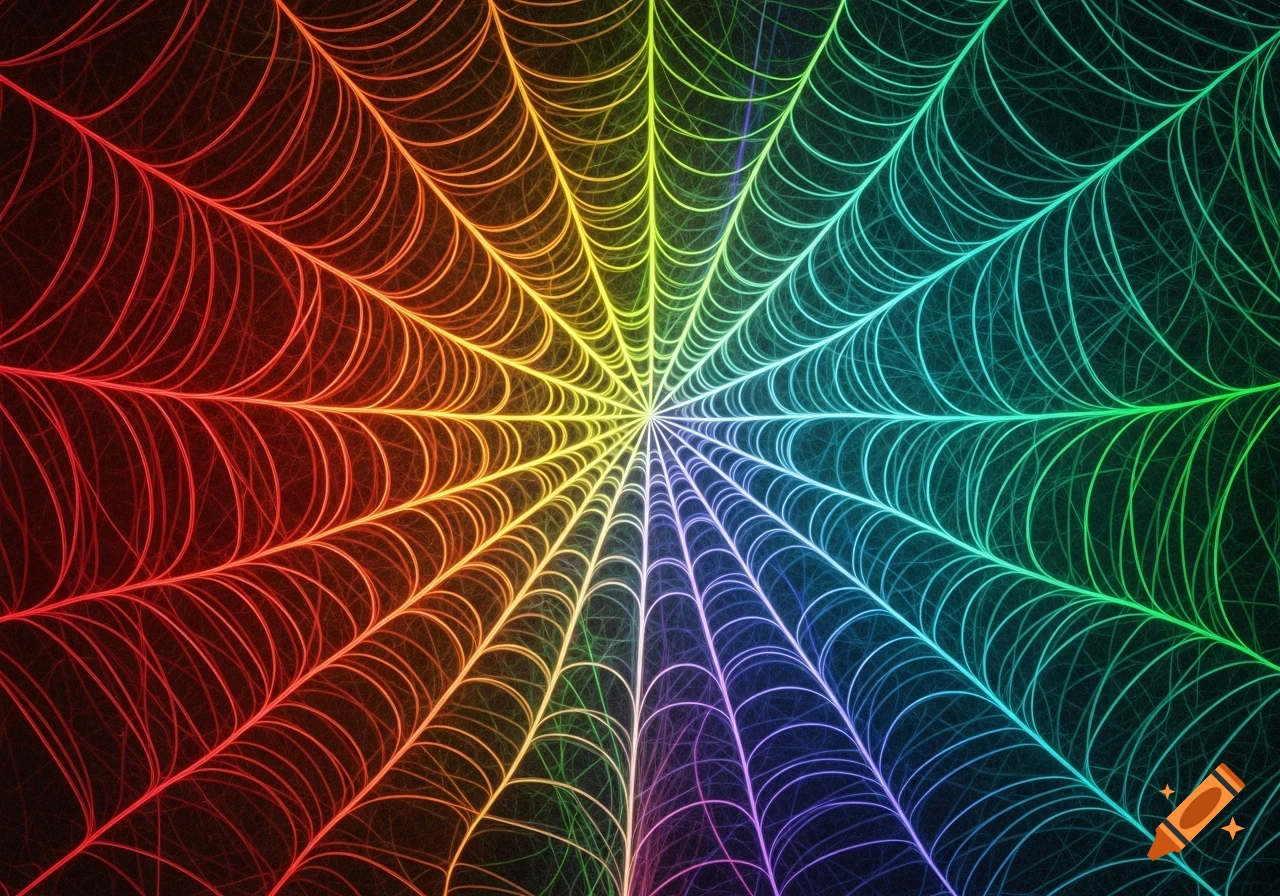 An abstract digital spiderweb glows with vibrant rainbow colors radiating from a central point against a dark background.