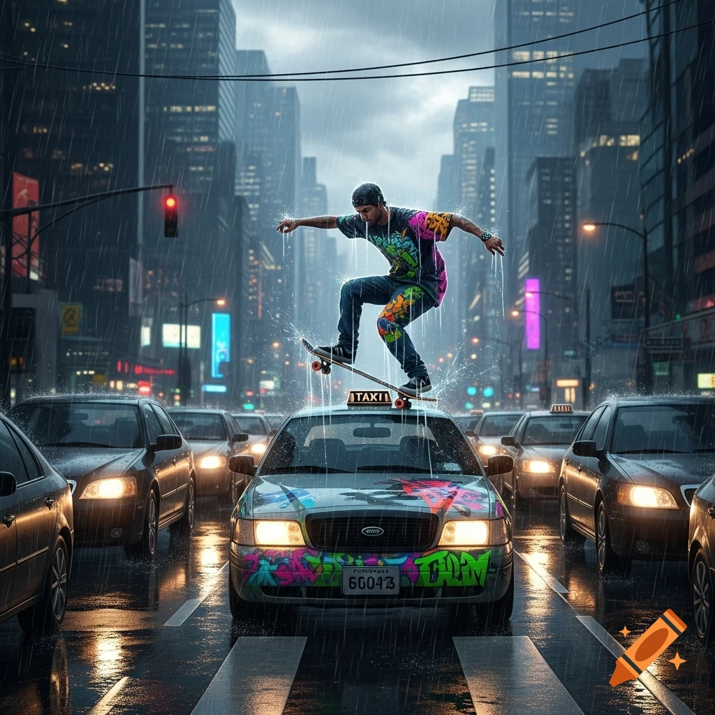 A skateboarder balances on a taxi's roof in a rainy, traffic-filled city street with tall buildings.