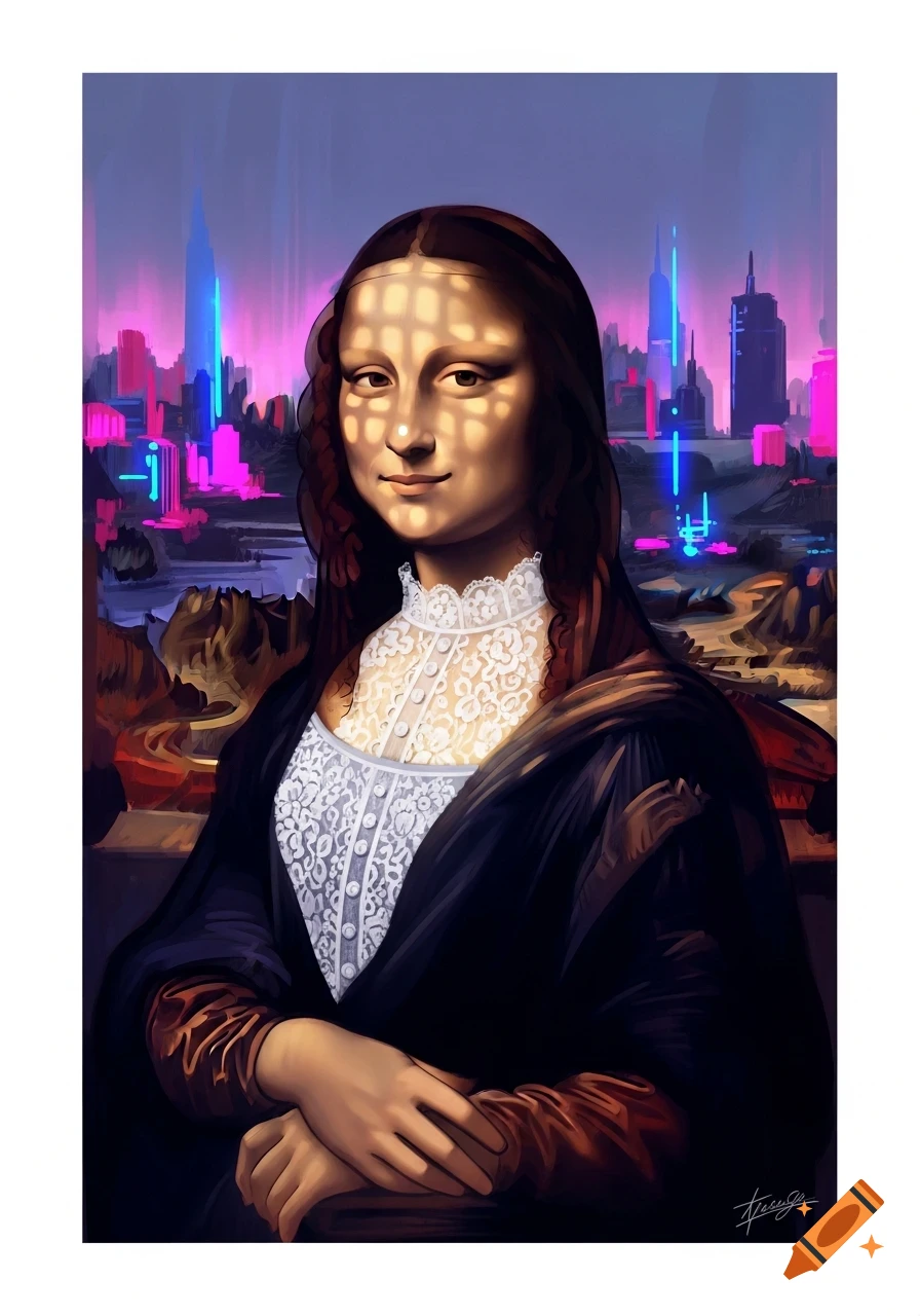 Mona Lisa in a digital painting with grid shadow, against a vibrant neon cyberpunk city background.
