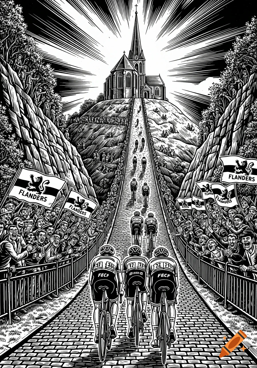 Black and white linocut-style illustration of cyclists ascending a cobbled road towards a church, flanked by cheering crowds holding Flanders flags.