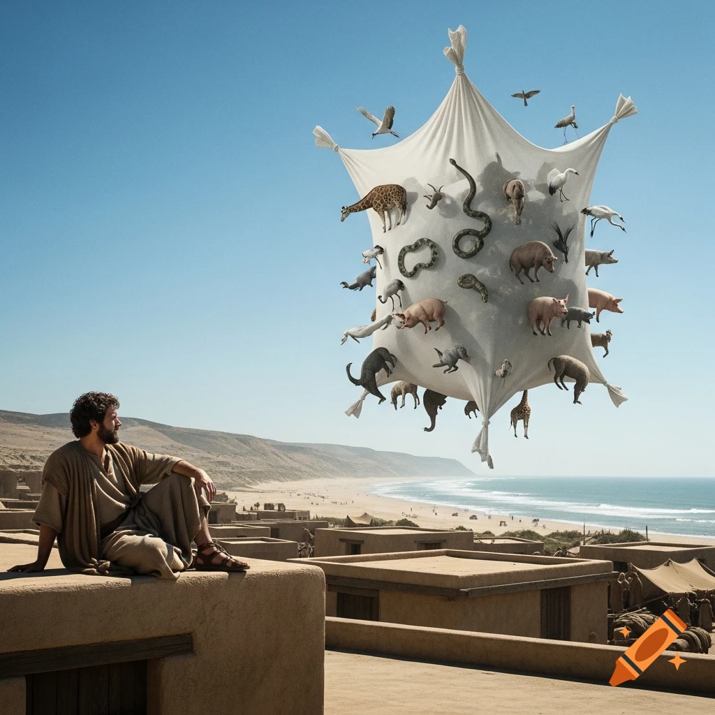 Photorealistic depiction of Peter the Apostle on a rooftop overlooking a beach, gazing at a large white sheet in the sky filled with various animals like giraffes, snakes, pigs, and birds.