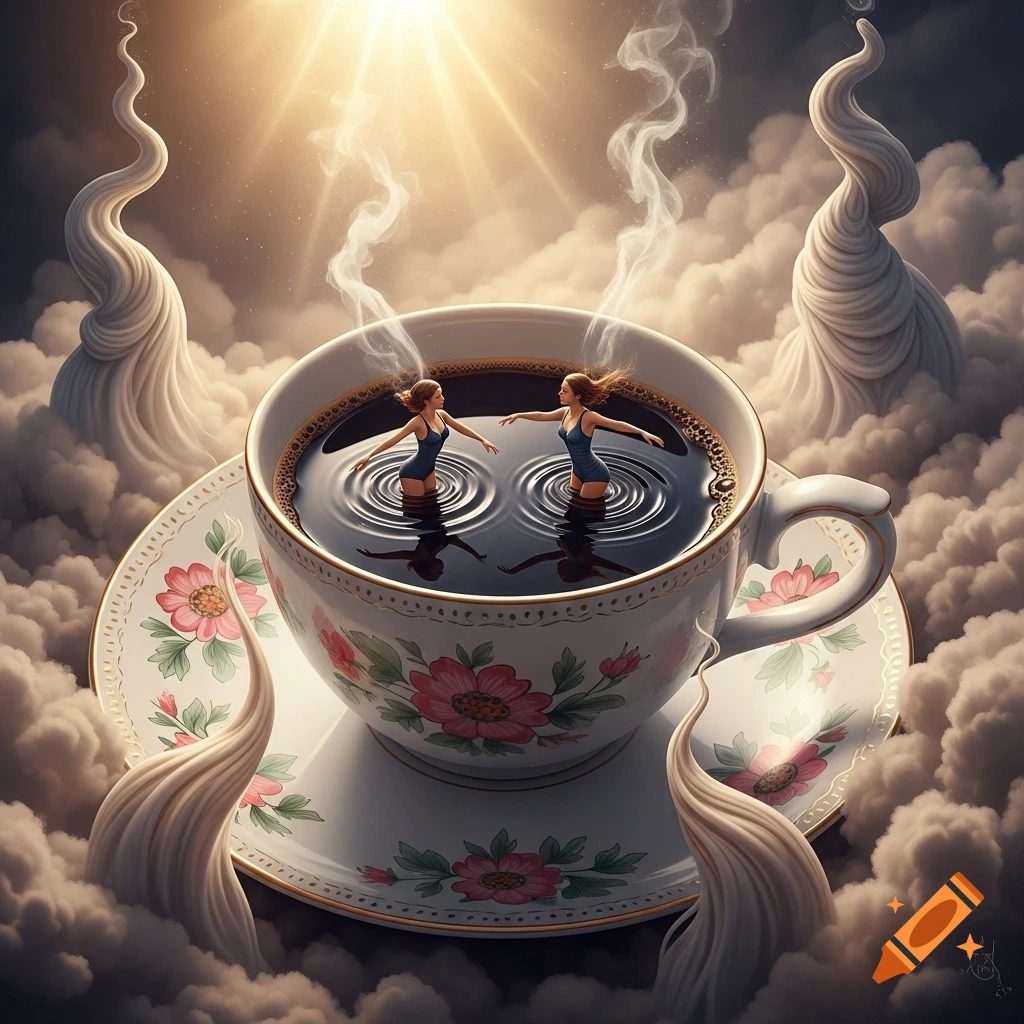 Two women swim in a large coffee cup on a floral saucer, surrounded by clouds with light beaming from above.
