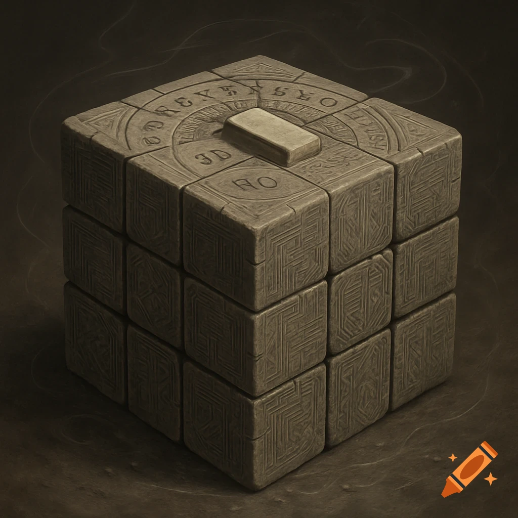 An ancient, intricately carved stone Rubik's cube featuring geometric patterns and a Ouija board-like top with illegible text.