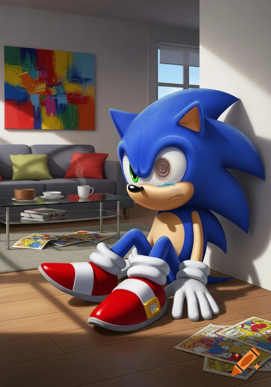 Sonic the Hedgehog sits on the floor with his back against a wall in a living room, looking sad with swirly eyes.