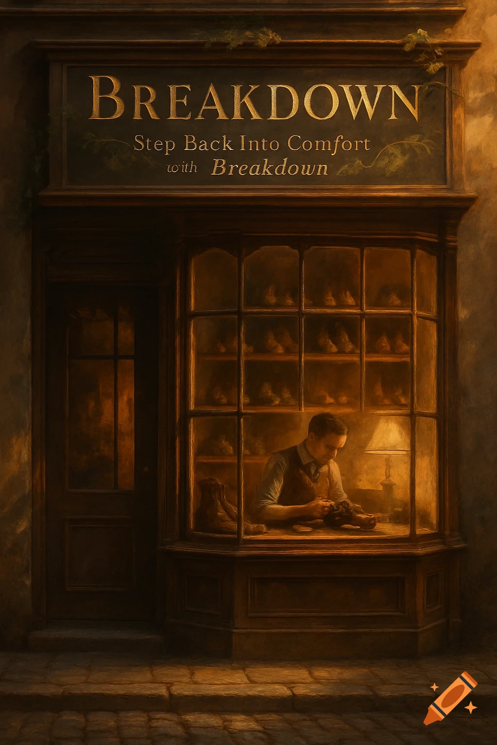 A man works on shoes inside a dimly lit vintage shoe repair shop with a sign "Breakdown: Step Back Into Comfort with Breakdown" above.