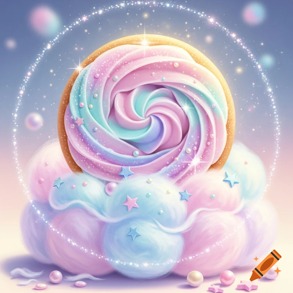 A sparkling whimsical cookie with pink, blue, and purple swirled frosting, sprinkles, and stars, rests on pastel cotton candy clouds.