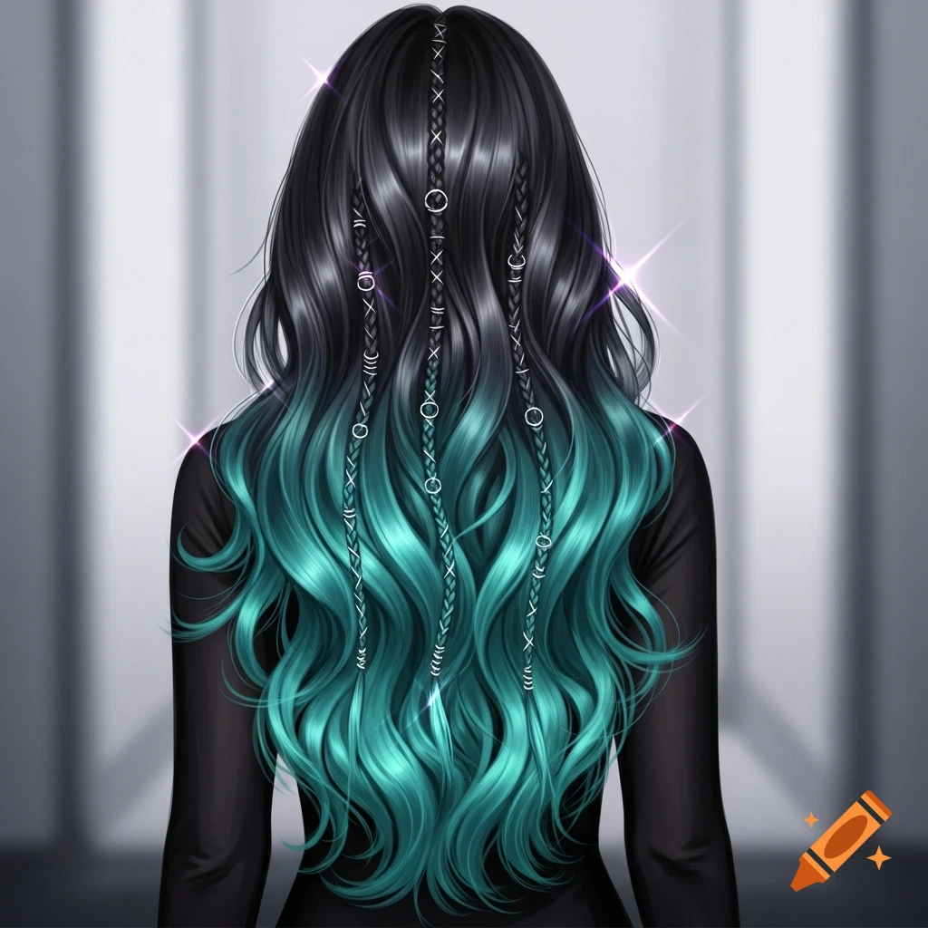 Digital illustration of a person from behind, with long, wavy black hair that ombres into bright teal, adorned with tiny silver braided rings.