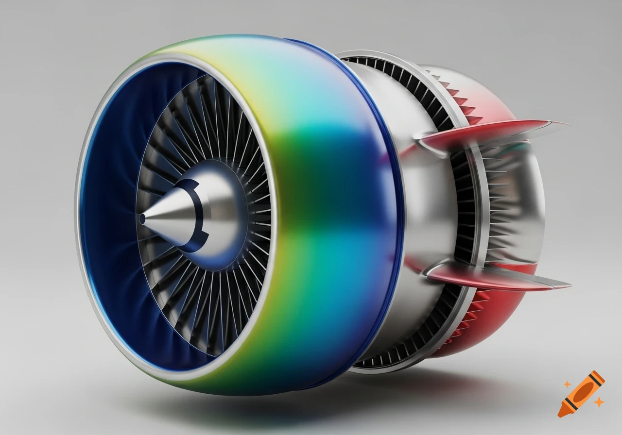 Modern, colorful aircraft engine turbine with metallic blue, green, and red gradients on a neutral background, realistic style.
