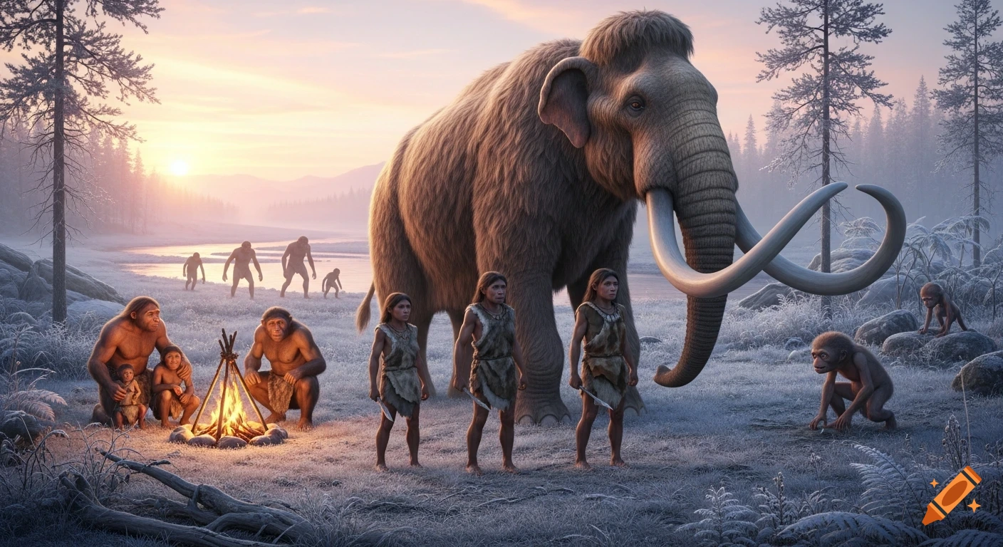 A majestic woolly mammoth stands with a group of early humans in a frosty prehistoric forest at sunrise, with others in the background.