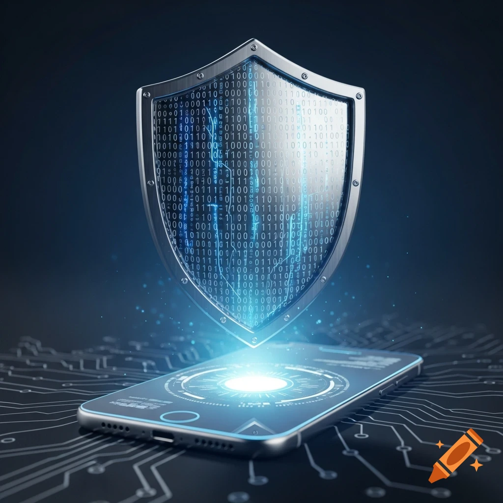 A glowing digital shield with binary code hovers above a smartphone, set against a circuit board pattern, symbolizing cybersecurity.