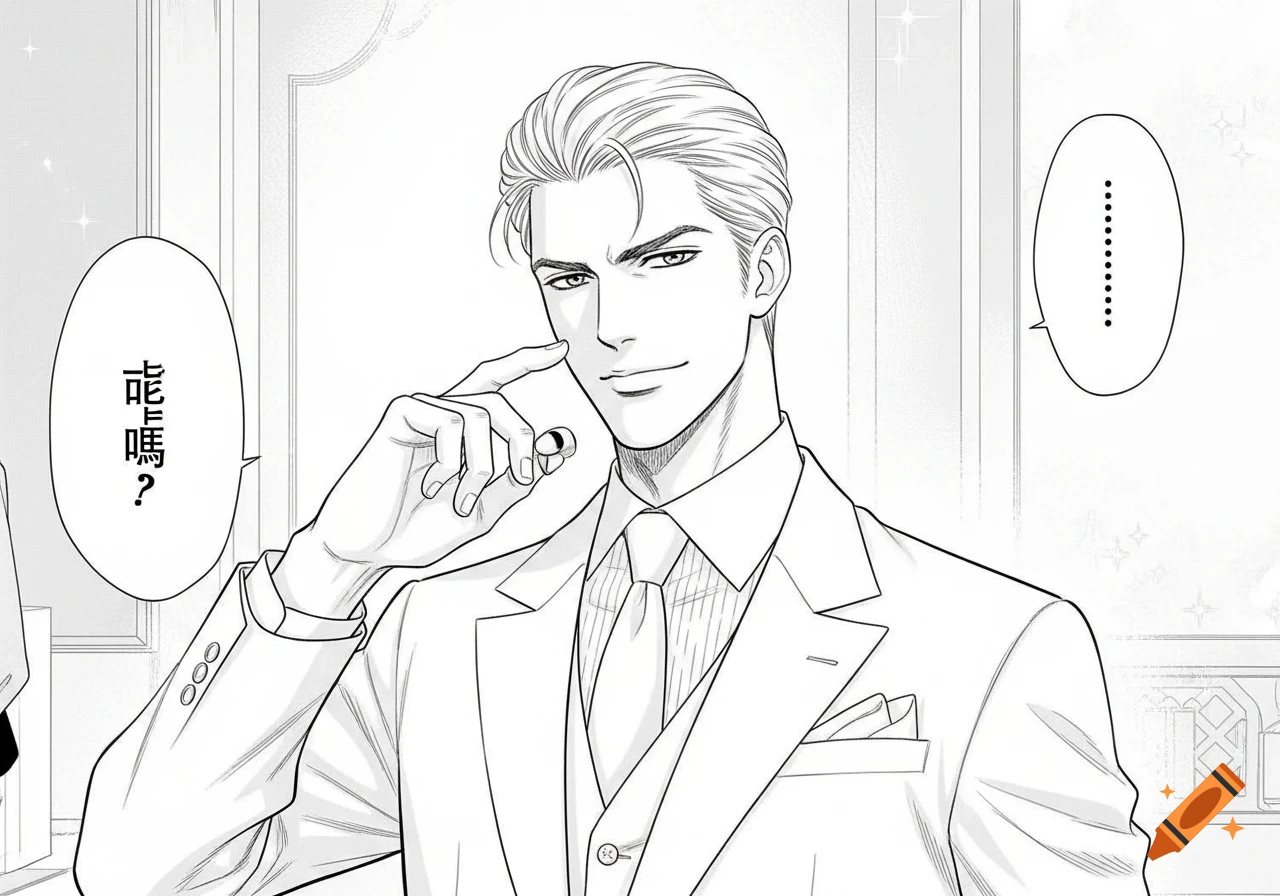 Manga illustration of a man in a white suit with light hair, touching his face, with speech bubbles.