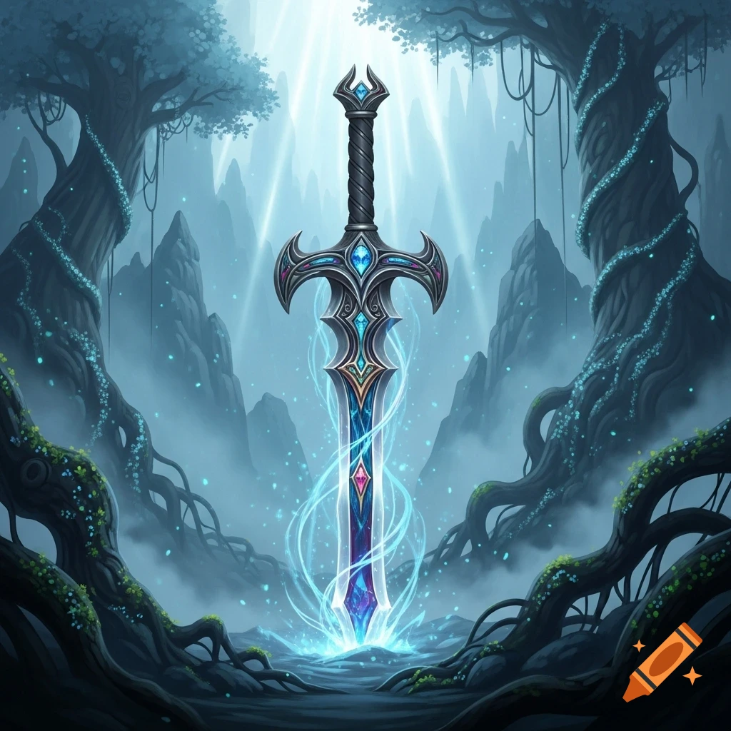 A glowing, ornate fantasy sword with blue gems stands in a mystical forest with ancient trees and ethereal light.