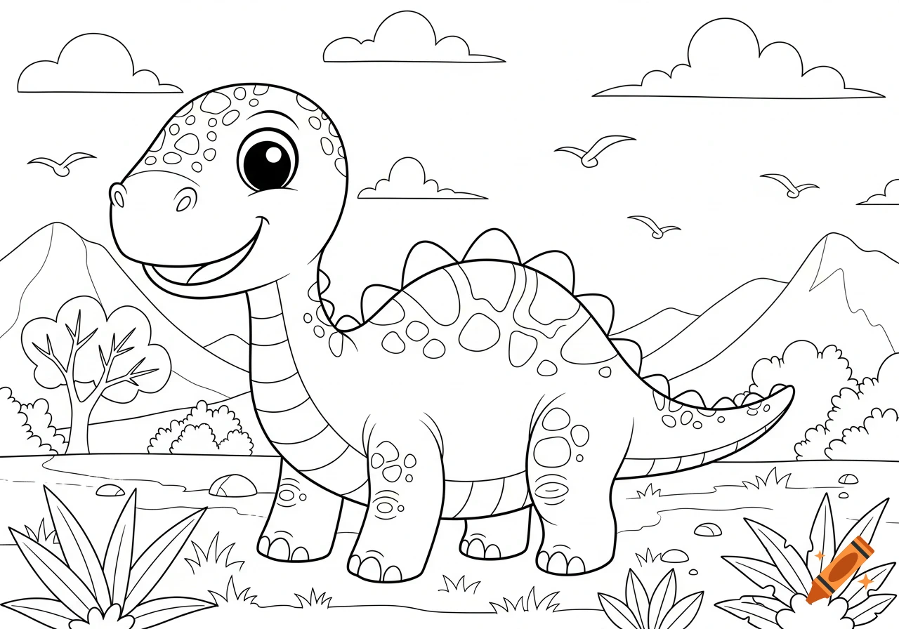 A friendly cartoon dinosaur stands smiling in a landscape with mountains, trees, and clouds. Black and white line art coloring page.